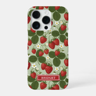 Strawberries On Green Monogrammed iPhone 16 Pro Case