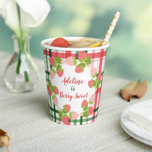 Strawberries on Pink Green Plaid with Name Paper Cups