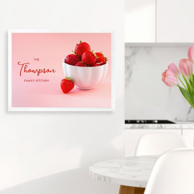 Strawberries On Pink Photo Custom Family Kitchen Poster (Please note: This image is a digital mockup. The product may not be in scale.)