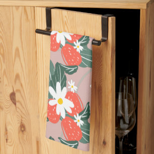 Strawberries Picking Patch Pattern Hand Drawn Tea Towel