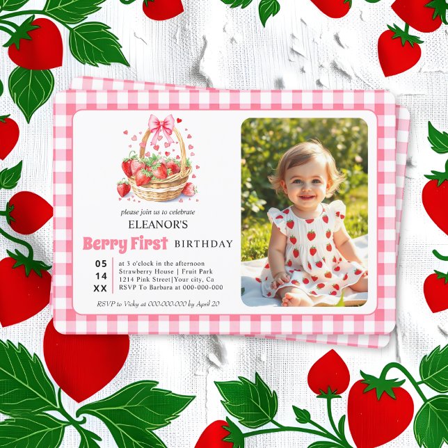Strawberries, pink bow Berry First Birtday photo Invitation (Creator Uploaded)