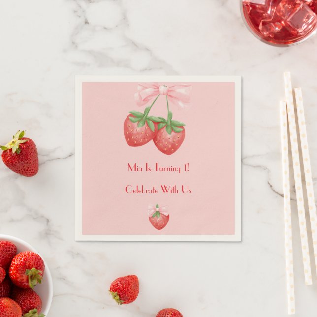 STRAWBERRIES PINK BOW BIRTHDAY  NAPKIN (Insitu)