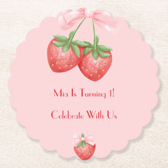 STRAWBERRIES PINK BOW BIRTHDAY  PAPER COASTER (Front)