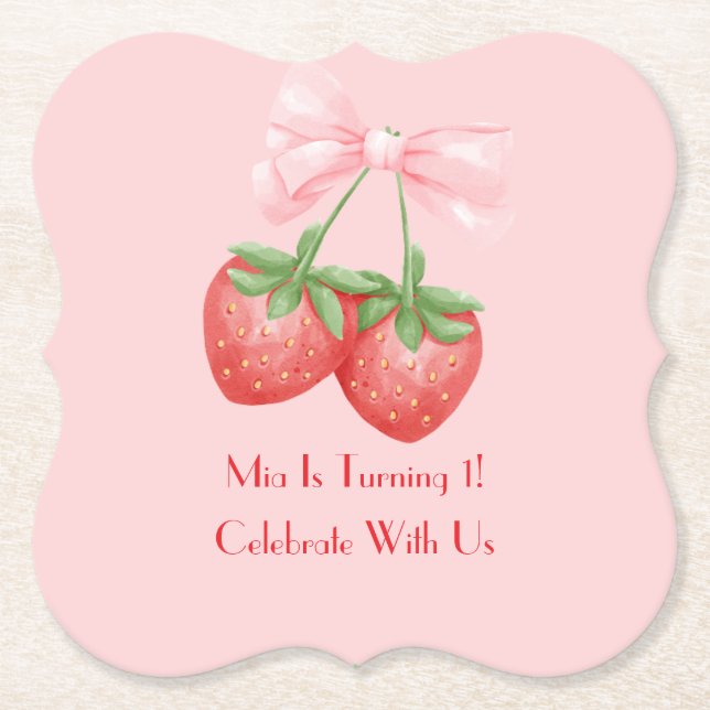 STRAWBERRIES PINK BOW BIRTHDAY  PAPER COASTER (Front)