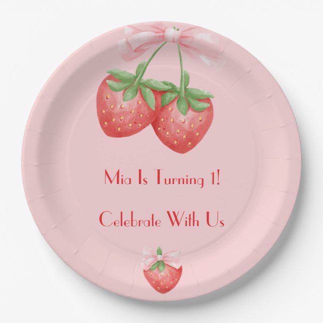 STRAWBERRIES PINK BOW BIRTHDAY  PAPER PLATE (Front)