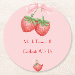 STRAWBERRIES PINK BOW BIRTHDAY ROUND PAPER COASTER