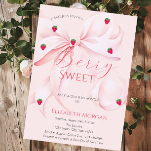 Strawberries  Pink Bow Pink Striped Baby Shower Invitation