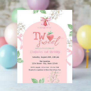 Strawberries Pink Bow Two Sweet 2nd Birthday Invitation