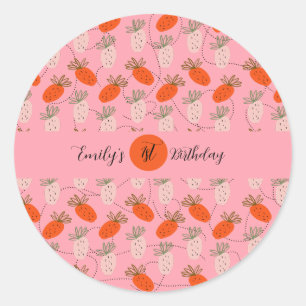 Strawberries Pink White Doodle Birthday Classic Round Sticker