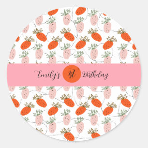 Strawberries Pink White Doodle Birthday Party Classic Round Sticker