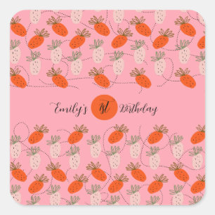 Strawberries Pink White Doodle Birthday    Square Sticker