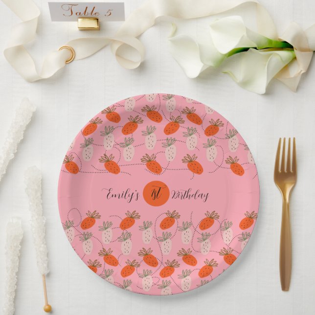 Strawberries Pink White Doodle Pattern      Paper Plate (Wedding)