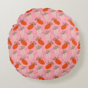 Strawberries Pink White Doodle Pattern  Round Cushion