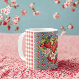 Strawberries Red Gingham and Blue Slate  Coffee Mug