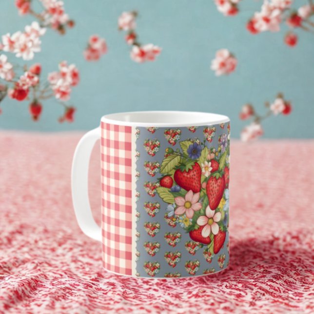 Strawberries Red Gingham and Blue Slate  Coffee Mug (Creator Uploaded)