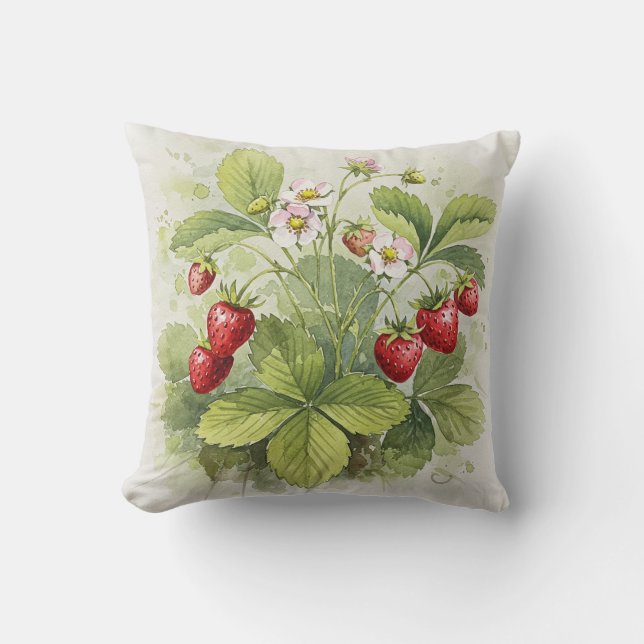 Strawberries Red Green Summer Flower Pillow (Front)
