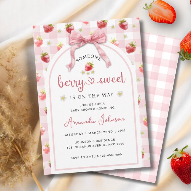 Strawberries Ribbon Berry Sweet Pink Baby Shower Invitation (Creator Uploaded)