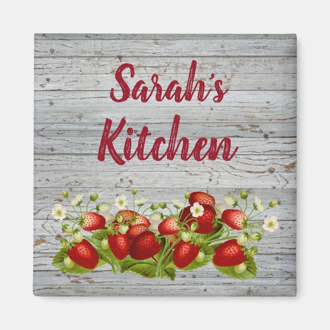 Strawberries Rustic Custom Name Personalised Magnet (Front)