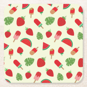 Strawberries, Watermelon and Red Popsicles Square Paper Coaster