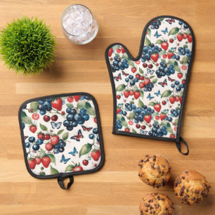 Strawberries With Blueberries and Butterflies Oven Mitt & Pot Holder Set
