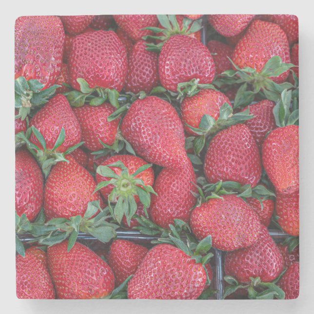 Strawberries with green leaves stone coaster (Front)