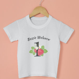 Strawberry 1 First Birthday Baby Name Watercolor  T-Shirt