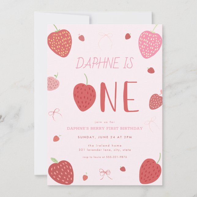 Strawberry 1st Berry First Birthday Invitation (Front)