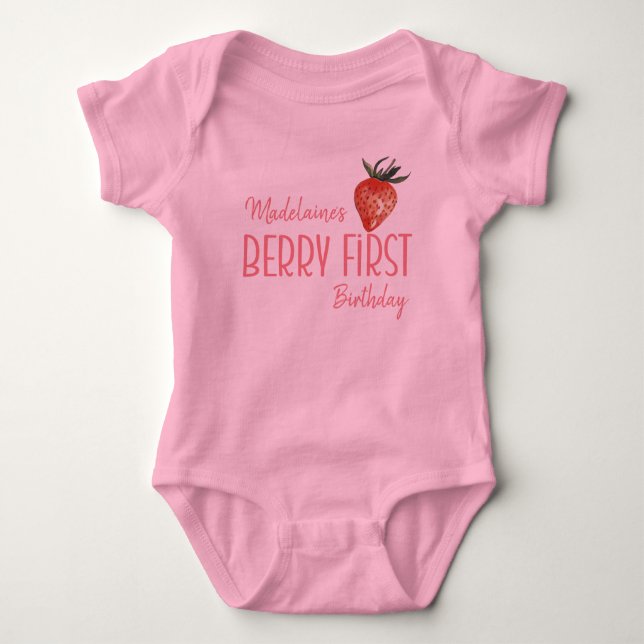 Strawberry 1st Berry First Birthday Pink Baby Bodysuit (Front)