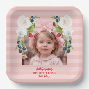 Strawberry 1st Berry Sweet Birthday Welcome Sign Paper Plate