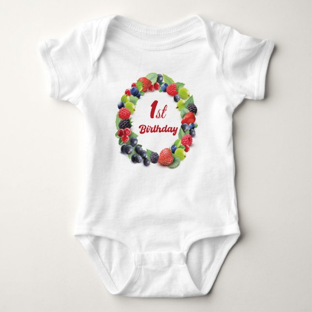 Strawberry 1st Birthday Baby Bodysuit (Front)