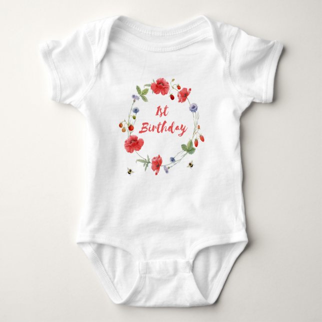 Strawberry 1st Birthday Baby Bodysuit (Front)