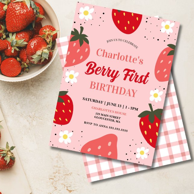 Strawberry 1st Birthday Berry First Birthday Party Invitation (Berry First Birthday Invitation Template)