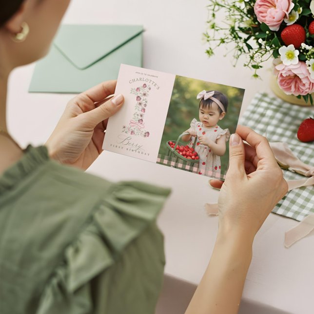 Strawberry 1st Birthday Berry First Birthday Photo Invitation (Strawberry 1st Birthday Berry First Birthday Photo Invitation)