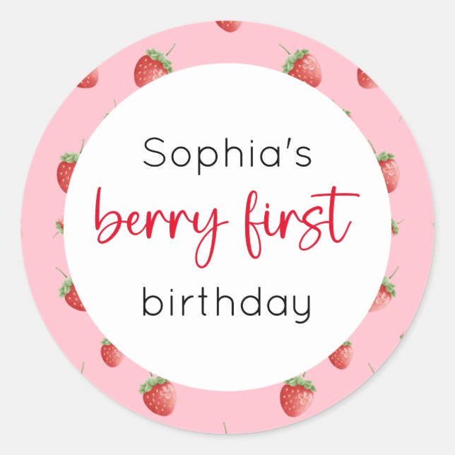 Strawberry 1st Birthday Berry First Classic Round Sticker (Front)
