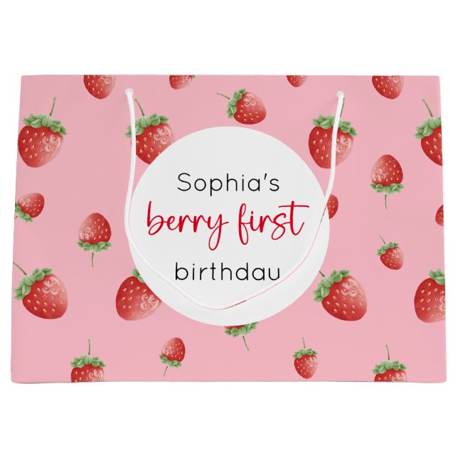 Strawberry 1st Birthday Berry First Large Gift Bag (Front)