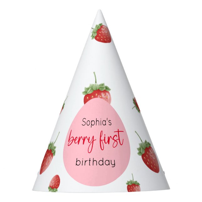 Strawberry 1st Birthday Berry First Party Hat (Front)