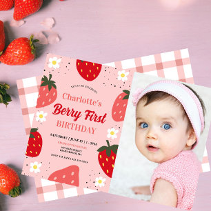 Strawberry 1st Birthday Berry First Photo Birthday Invitation