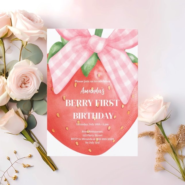 Strawberry 1st birthday berry first photo pink bow invitation (Creator Uploaded)