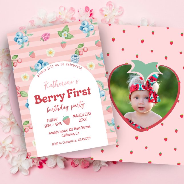 Strawberry 1st Birthday Berry First Pink Birthday Invitation (Creator Uploaded)