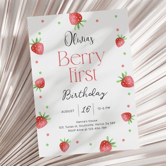 Strawberry 1st Birthday Berry First Sweet Girl Invitation (Creator Uploaded)