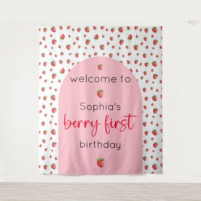 Strawberry 1st Birthday Berry First Tapestry (Front)
