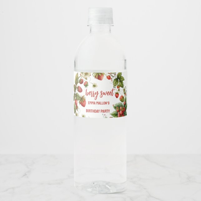 Strawberry 1st Birthday Berry First  Water Bottle Label (Front)