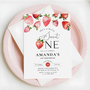 Strawberry 1st Birthday Berry Sweet One Invitation