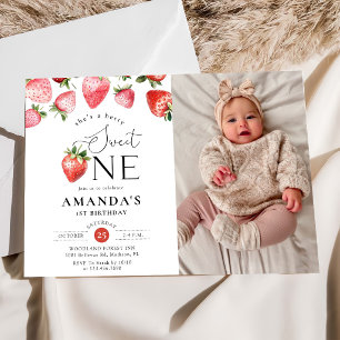 Strawberry 1st Birthday Berry Sweet One Photo Invitation