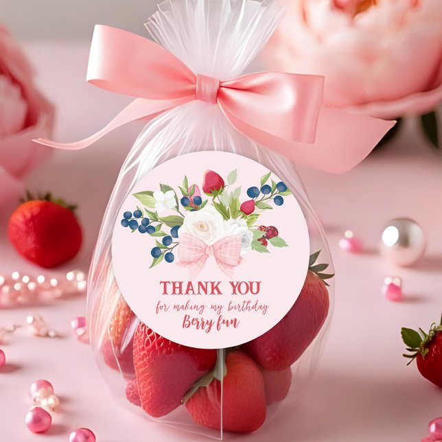 Strawberry 1st Birthday Berry Sweet Pink Classic Round Sticker (Creator Uploaded)