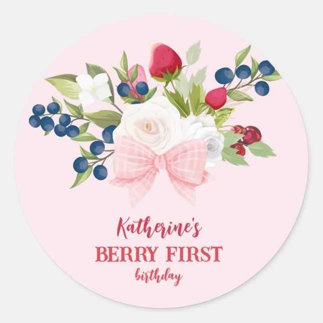 Strawberry 1st Birthday Berry Sweet Pink Classic Round Sticker (Front)