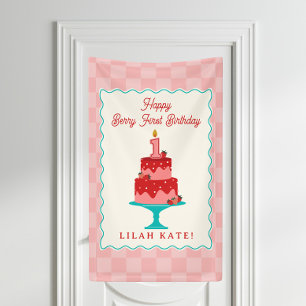 Strawberry 1st Birthday Cake Checker  Banner