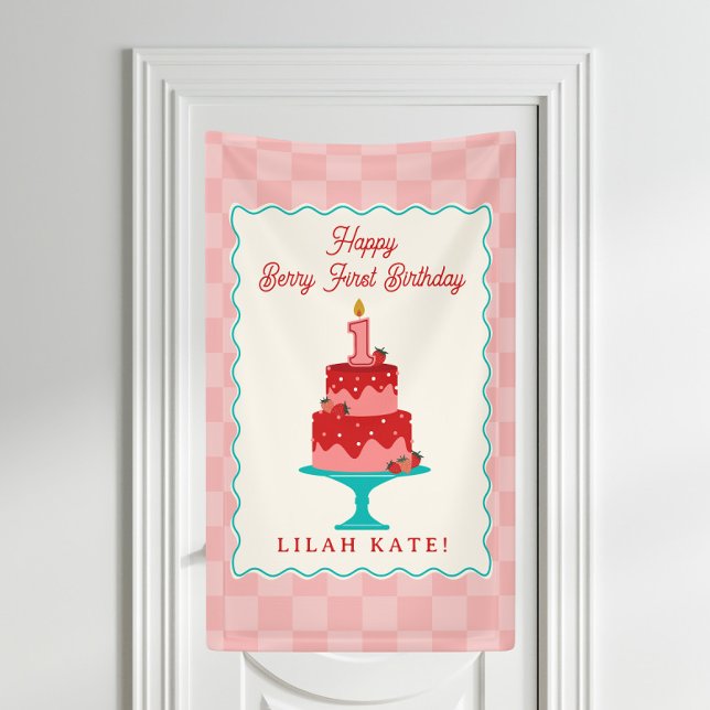 Strawberry 1st Birthday Cake Chequered  Banner (Creator Uploaded)