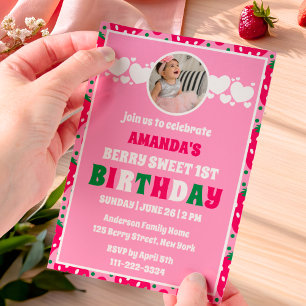 Strawberry 1st Birthday Celebration Photo Invitation