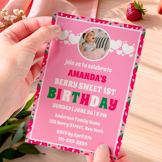 Strawberry 1st Birthday Celebration Photo Invitation (Creator Uploaded)